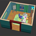 Cartoon Room Interior Design With Blue Walls Red Door Whiteboard And Chairs