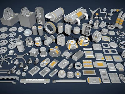 Various Industrial Equipment Parts With Gears Pipes Motors Valves And Mechanical Components 3d model