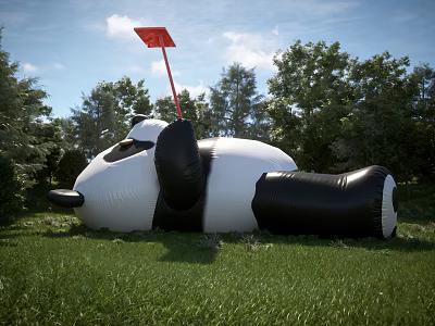 Giant Inflatable Panda Landscape Sculpture On Green Grassland With Red Flag Blue Sky And Trees 3d model