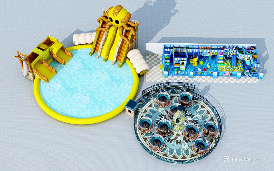 Colorful Amusement Equipment With Water Slides Inflatable Pool Rotating Rides And Bounce House 3d model 