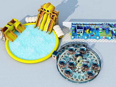 Colorful Amusement Equipment With Water Slides Inflatable Pool Rotating Rides And Bounce House 3d model