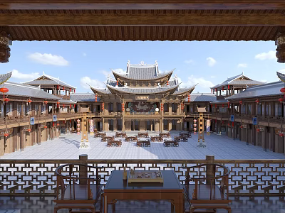 Ancient Chinese Architecture Traditional Courtyard With Wooden Structure Curved Eaves Tables Chairs And Carved Railings 3d model