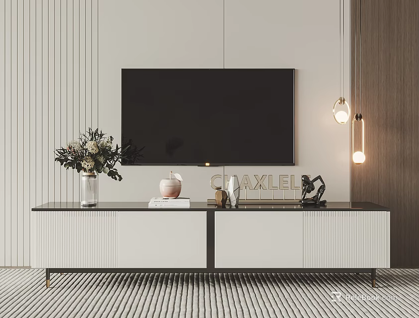 Modern TV Stand with Vase Books Decorative Sculpture Under Wall Mounted TV and Pendant Lights 3d model 