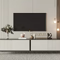 Modern TV Stand with Vase Books Decorative Sculpture Under Wall Mounted TV and Pendant Lights