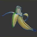 Peeled Banana with Yellow Skin Red Edges and Wooden Stem on Dark Shiny Surface