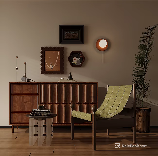 Green Woven Leisure Chair With Walnut Cabinet Framed Wall Art Floor Lamp And Palm Plant 3d model 