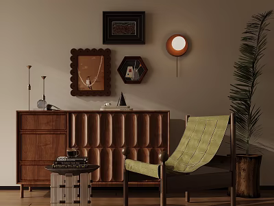 Green Woven Leisure Chair With Walnut Cabinet Framed Wall Art Floor Lamp And Palm Plant 3d model