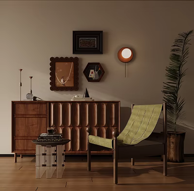 Green Woven Leisure Chair With Walnut Cabinet Framed Wall Art Floor Lamp And Palm Plant 3d model