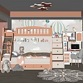 Pink Kids Room With Bunk Bed Hot Air Balloon Wallpaper Bookshelf Chair And Stuffed Toys