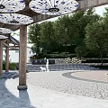 Lush Public Park With Green Lawn Circular Square Trees And White Building Steps