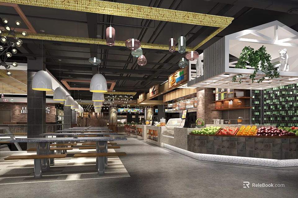 Modern Restaurant Interior With Pendant Lights Long Tables Benches And Fresh Produce 3d model 