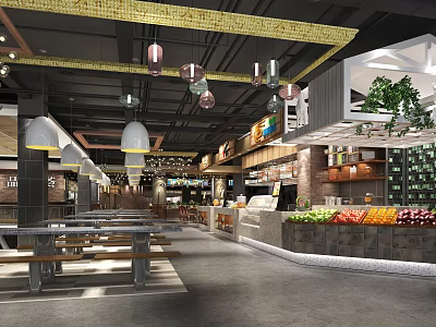 Modern Restaurant Interior With Pendant Lights Long Tables Benches And Fresh Produce 3d model