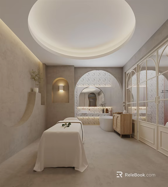 Serene SPA Sauna Interior With Treatment Bed Bathtub Arched Mirror And Neutral Tone Soft Lighting 3d model 