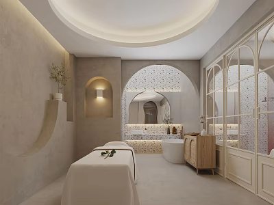 Serene SPA Sauna Interior With Treatment Bed Bathtub Arched Mirror And Neutral Tone Soft Lighting 3d model