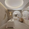 Serene SPA Sauna Interior With Treatment Bed Bathtub Arched Mirror And Neutral Tone Soft Lighting