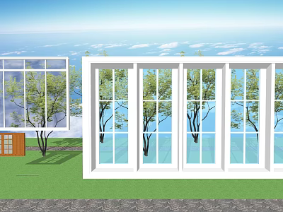 White Framed Windows With View Of Blue Sky White Clouds Green Trees And Grass 3d model