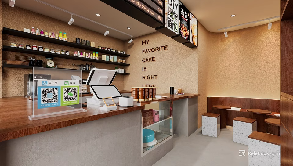 Cozy Café Interior With Cake Display Counter Cash Register QR Code Scanner And Menu Boards 3d model 