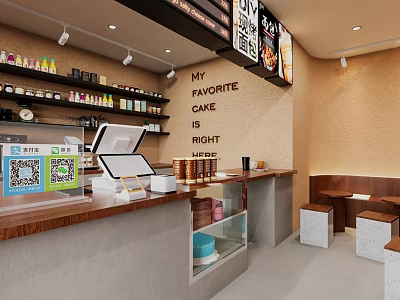 Cozy Café Interior With Cake Display Counter Cash Register QR Code Scanner And Menu Boards 3d model
