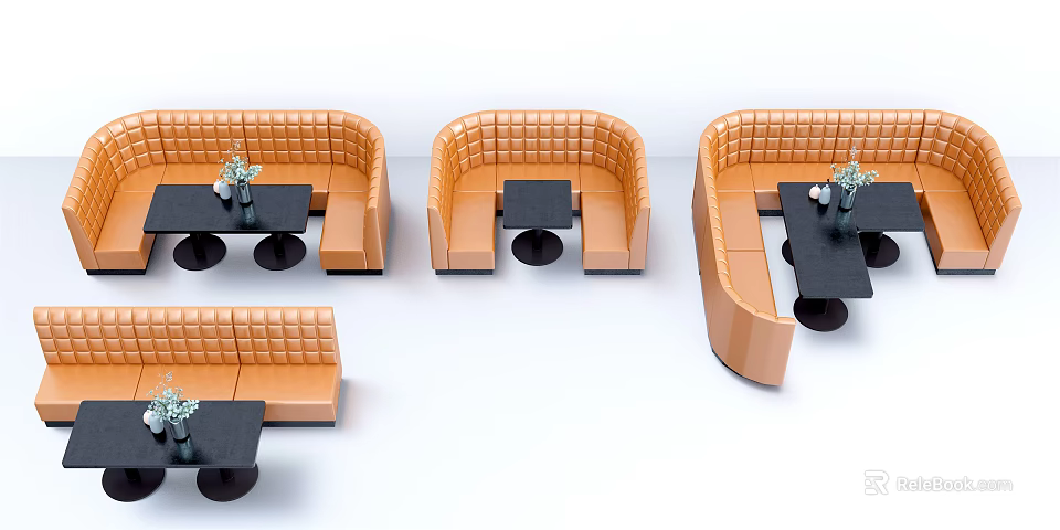 Orange Booth Style Public Chairs With Small Tables And Decorative Plants 3d model