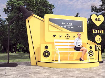 Yellow Outdoor Photo Check In Spot With Bench Screen MEET Sign And Smiley Symbol 3d model
