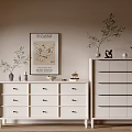 Elegant Modern Console and Side Cabinet with White Drawers Decorative Vase Ornaments and Wall Art