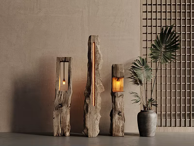 Natural Wooden Floor Lamps In Modern Interior With Textured Wall And Green Plants 3d model