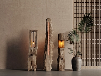 Quiet Floor Lamp in Ancient Style Floor Lamp for Homestay Floor Lamp Old Wood Quiet Log Wood Lamp Quiet Style Potted Plant 3d model