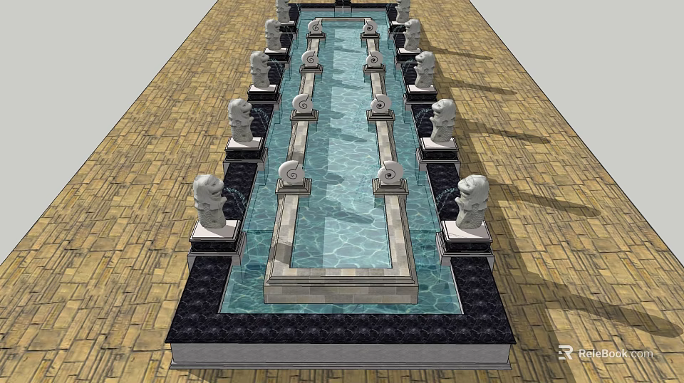 Ornate Long Fountain Design With Stone Lion Statues And Brick Pavement 3d model 