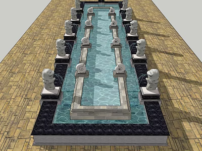 Ornate Long Fountain Design With Stone Lion Statues And Brick Pavement 3d model