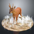 Game Film Character 3D Brown Deer Model Standing on Circular Grass Platform