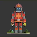 Pixel Art Firefighter Figure In Red Uniform With Helmet Hose And Axe