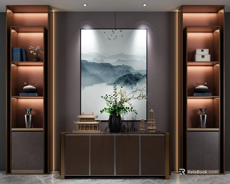Elegant Chinese Entryway Cabinet And Side Cabinet With Mountain Painting Green Plants And Decorative Shelves 3d model 