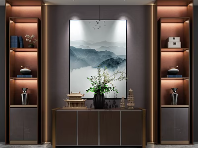 Elegant Chinese Entryway Cabinet And Side Cabinet With Mountain Painting Green Plants And Decorative Shelves 3d model