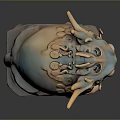 Iridescent Mythical Toad Statue With Dragon Horns Scales Coin Motifs And Stone Base
