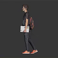 Man in Graphic Print T-shirt Carrying Patterned Backpack Holding Notebook Gray Pants Orange Shoes