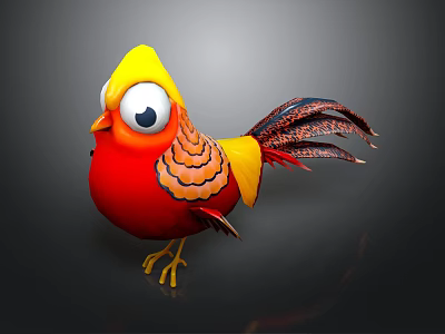 3D Cartoon Bird With Red Body Yellow Head Big Eyes And Long Colorful Feathers Standing 3d model