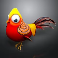 3D Cartoon Bird With Red Body Yellow Head Big Eyes And Long Colorful Feathers Standing