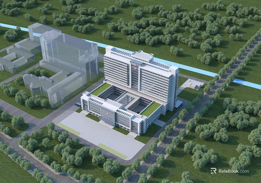 Modern Hospital Building With Contemporary Design Surrounded by Green Trees and Access Roads 3d model 