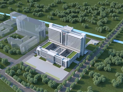 Modern Hospital Building With Contemporary Design Surrounded by Green Trees and Access Roads 3d model