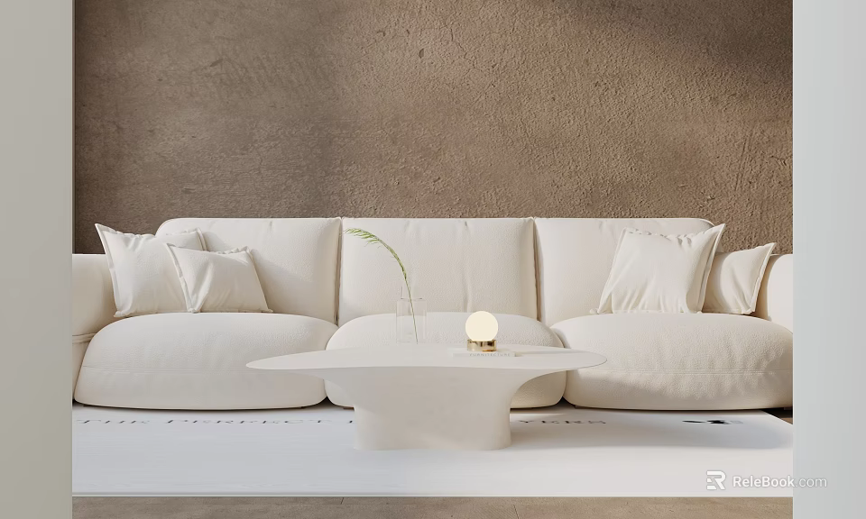 Minimalist Cream Three-Seater Sofa With Plush Cushions And Round Coffee Table Against Textured Wall 3d model 