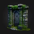 Medieval Stone Gate With Wooden Door Covered In Green Moss And Vines