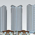 Modern Curved High Rise Building With Balconies Pedestrian Walkway And Green Trees