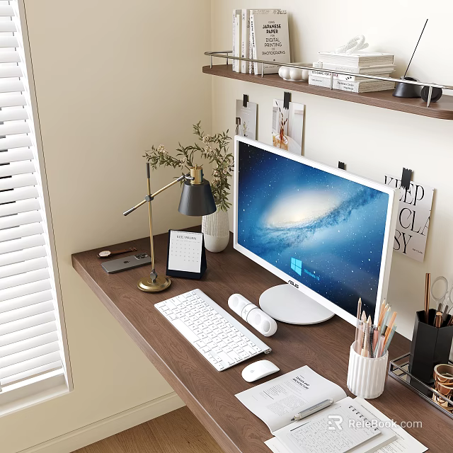 Modern Computer Monitor Setup On Wooden Desk With Keyboard Mouse Desk Lamp And Stationery 3d model 
