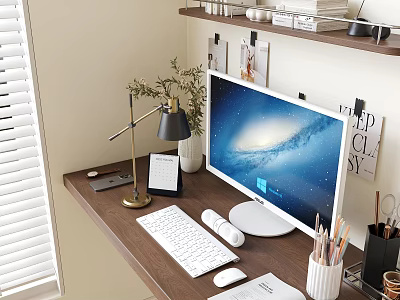 Modern Computer Monitor Setup On Wooden Desk With Keyboard Mouse Desk Lamp And Stationery 3d model