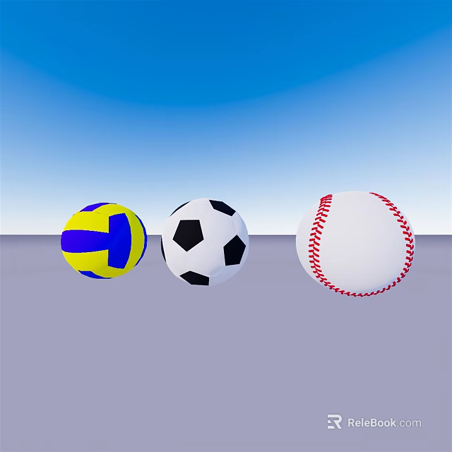 Vibrant Sports Equipment Collection With Blue Yellow Volleyball Black White Soccer Ball And Red Stitched Baseball 3d model 