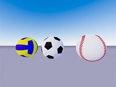 Vibrant Sports Equipment Collection With Blue Yellow Volleyball Black White Soccer Ball And Red Stitched Baseball 3d model