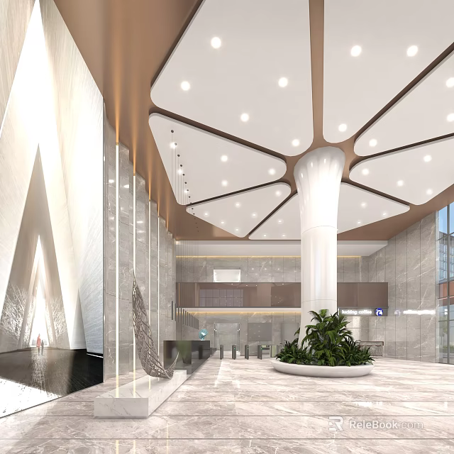 Modern Hotel Lobby Interior With Geometric Ceiling Design White Column And Marble Floor 3d model 