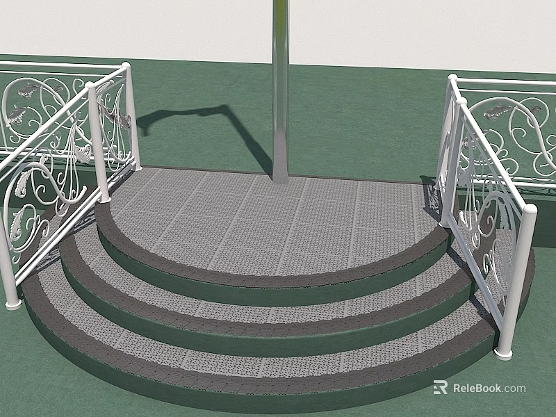 Kindergarten Outdoor Platform Featuring Gray Steps White Carved Railings Pillar And Green Ground 3d model 