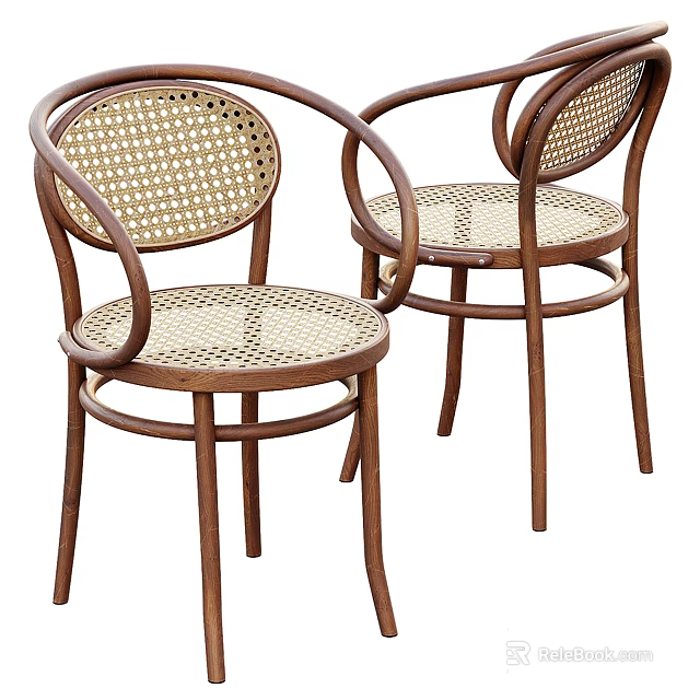Classic Brown Wooden Frame Leisure Chairs With Curved Rattan Seat And Backrest 3d model 