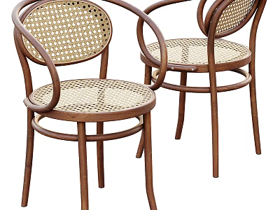 Classic Brown Wooden Frame Leisure Chairs With Curved Rattan Seat And Backrest 3d model